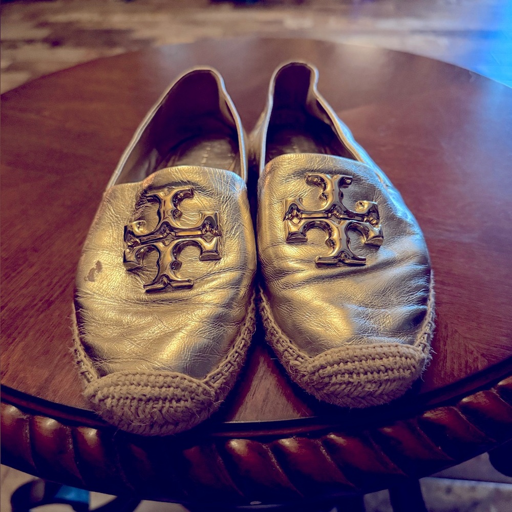 Gold Espadrille Flats with Logo
